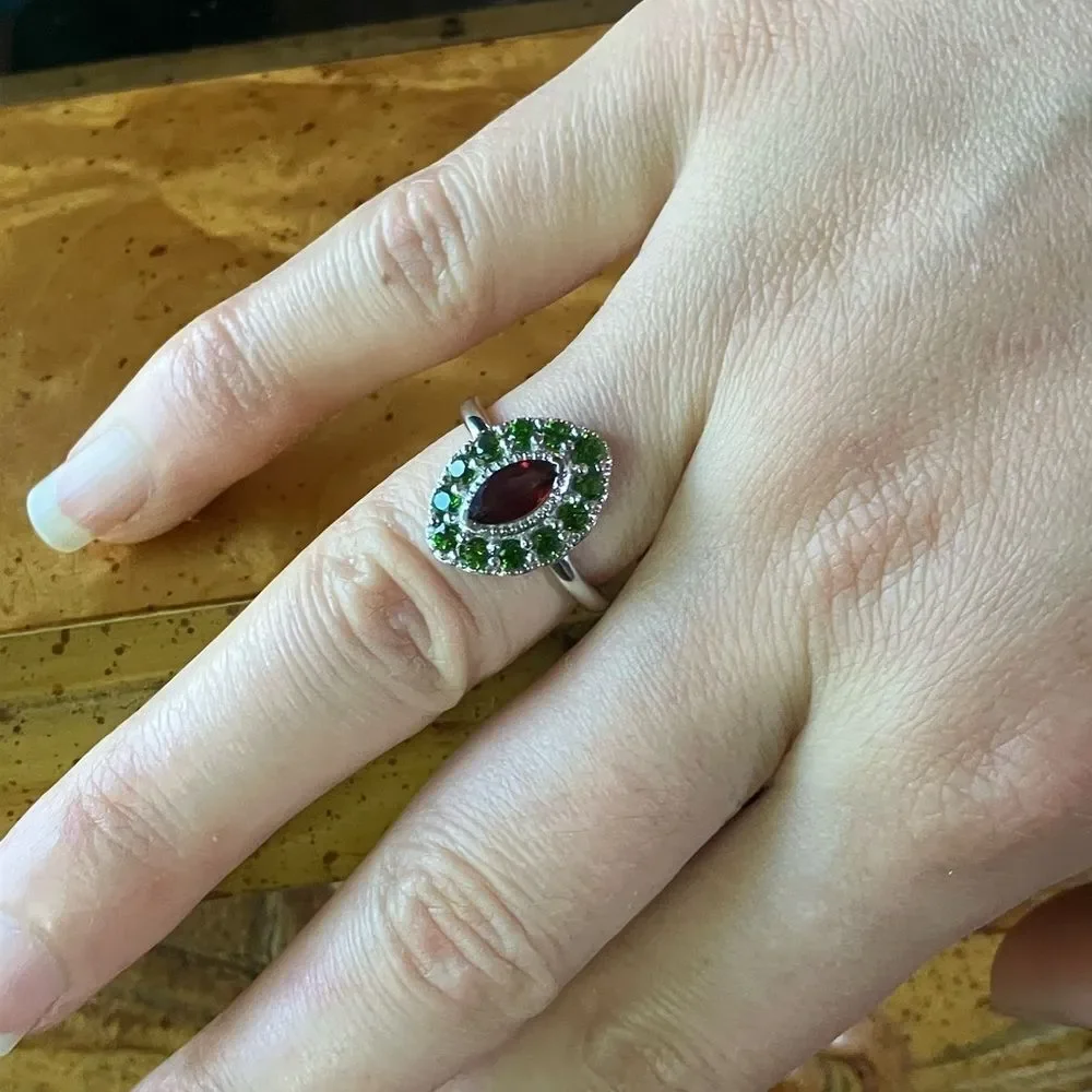 Natural Red Garnet Chrome Diopside Sterling Silver Halo Ring Size 7